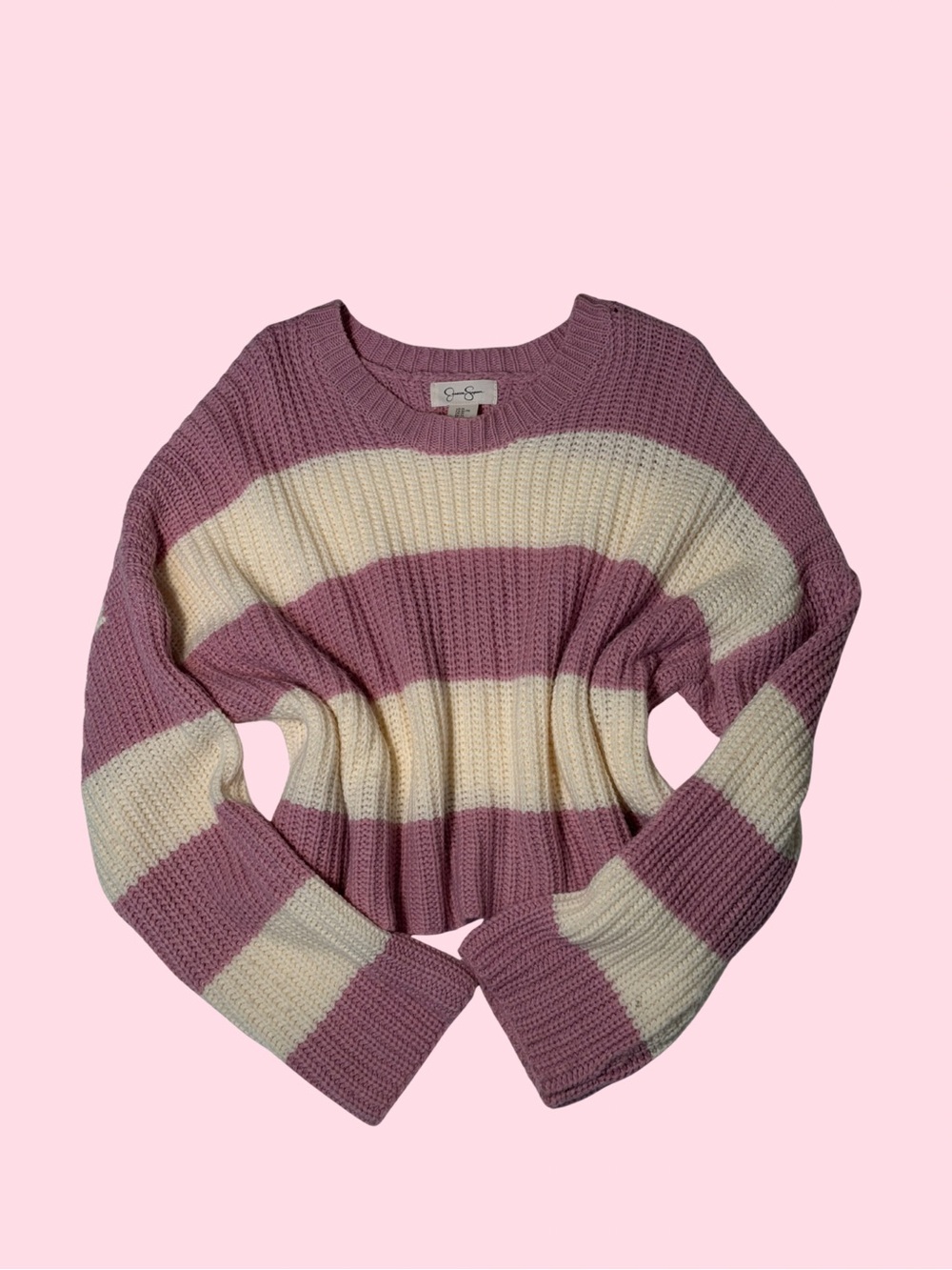 Jessica Simpson Mauve and Cream Striped Cropped Crewneck Sweater